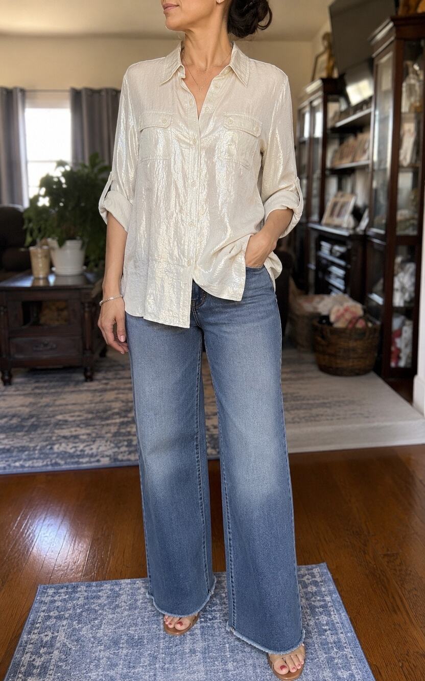 Calvin Klein Metallic Linen Blend Utility Shirt Roll Tab Soft Gold Champagne Lg